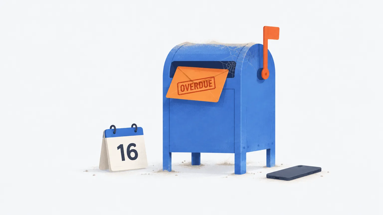 A dusty blue mailbox with an orange envelope stamped OVERDUE stuck in the slot, a desk calendar showing 16 and a phone lying face down