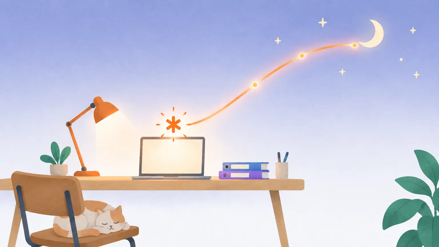 A laptop glowing on a desk at night like a tiny lighthouse, a steady orange bridge arcing from it to the moon while the cat sleeps on the chair