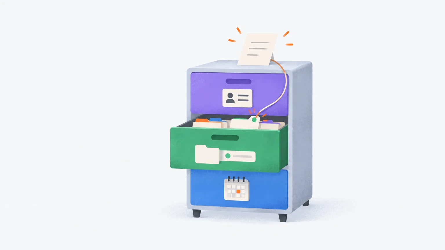 A filing cabinet with three drawers marked by an ID card, a status folder and a calendar; one sheet on top is linked by a thread to a single folder