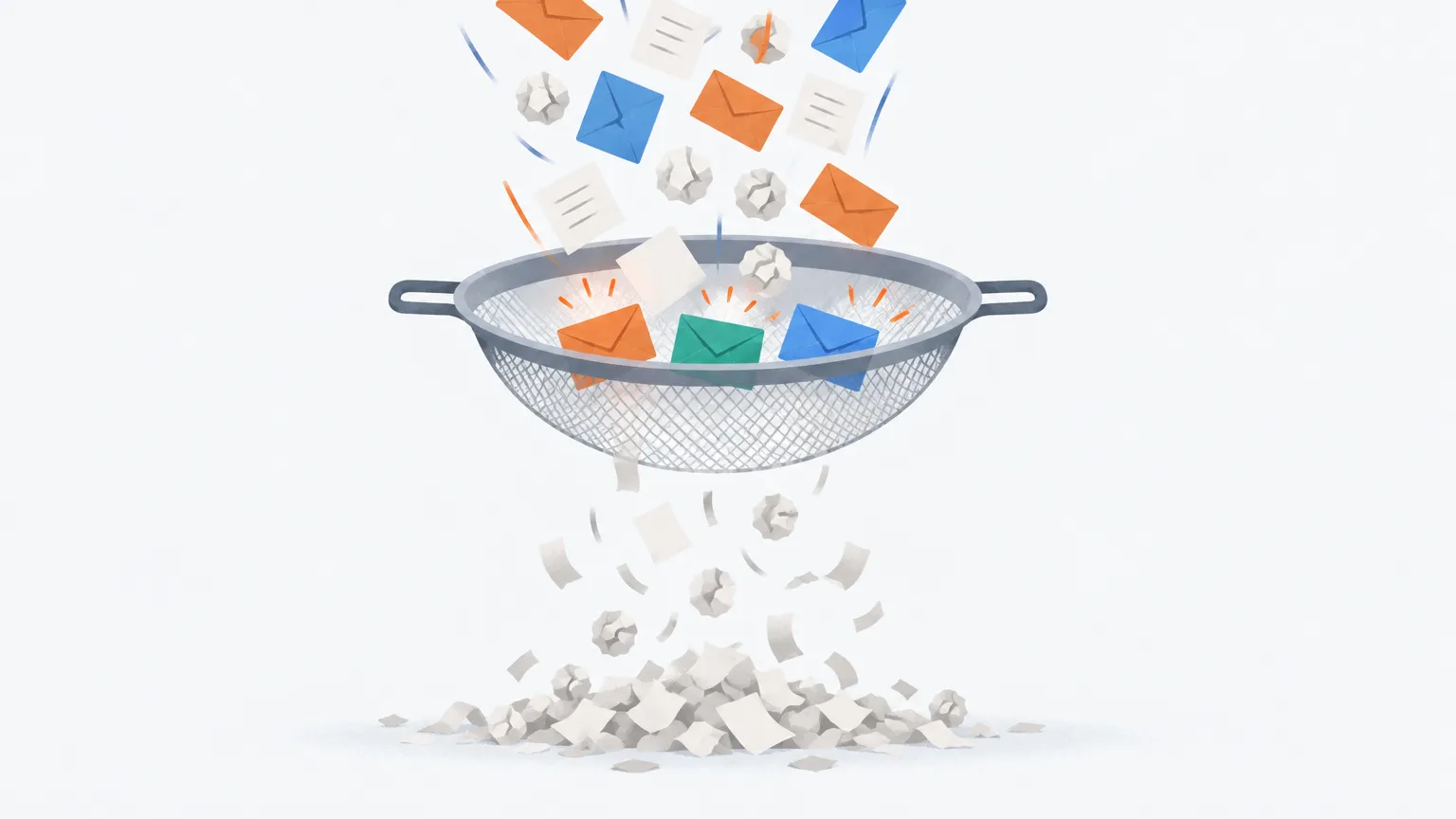 A sieve catching three bright envelopes while the rest of the mail falls through as grey confetti