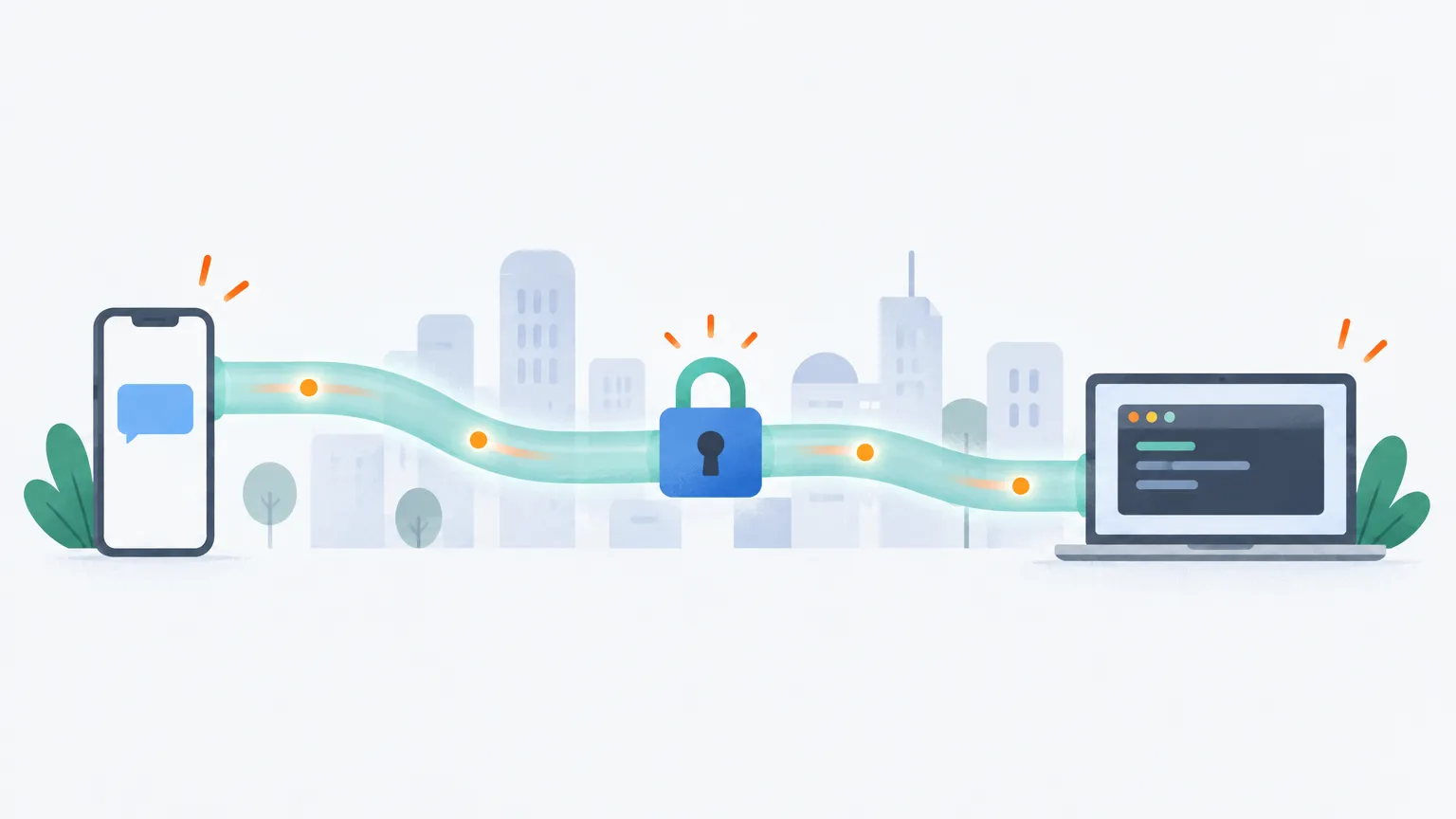 A padlocked tunnel running through a stylised city from a phone to a laptop showing a terminal