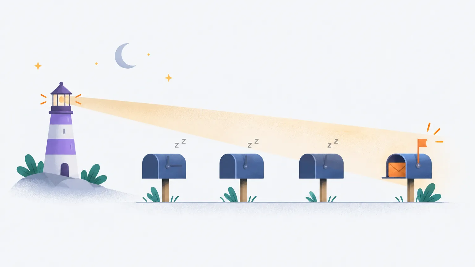 A lighthouse beam sweeps over a row of sleeping mailboxes at night and lands on the only one with a letter in it