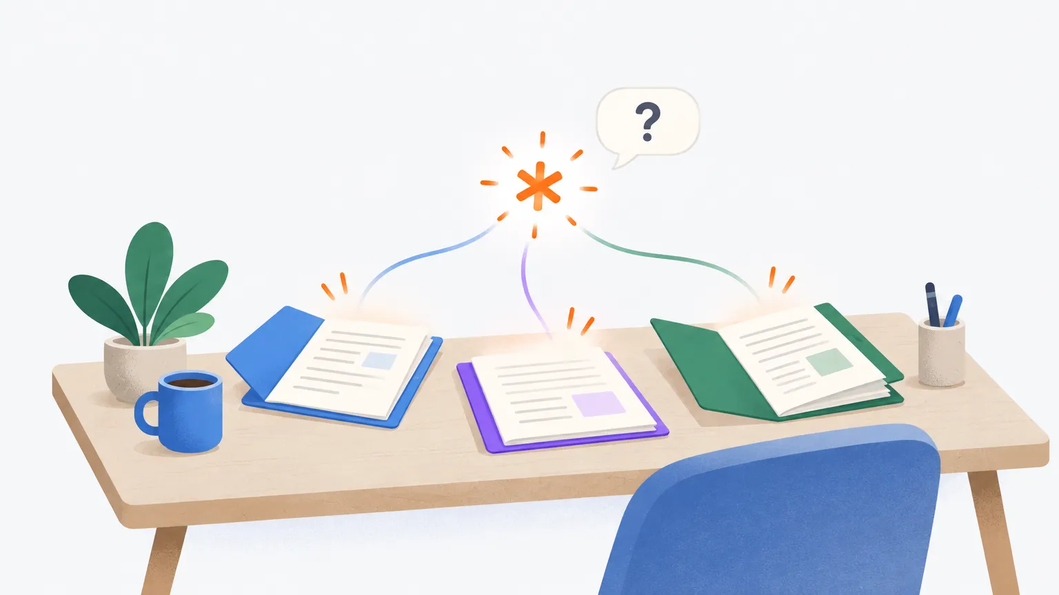 A tidy desk with three open folders glowing softly, linked by light trails to a small orange spark that answers a question-mark bubble