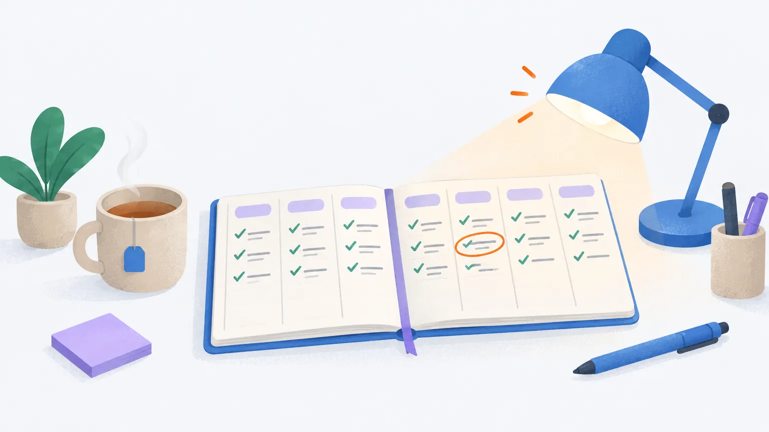 An open weekly planner under a desk lamp’s warm evening light, almost every entry ticked and one circled in orange as stuck